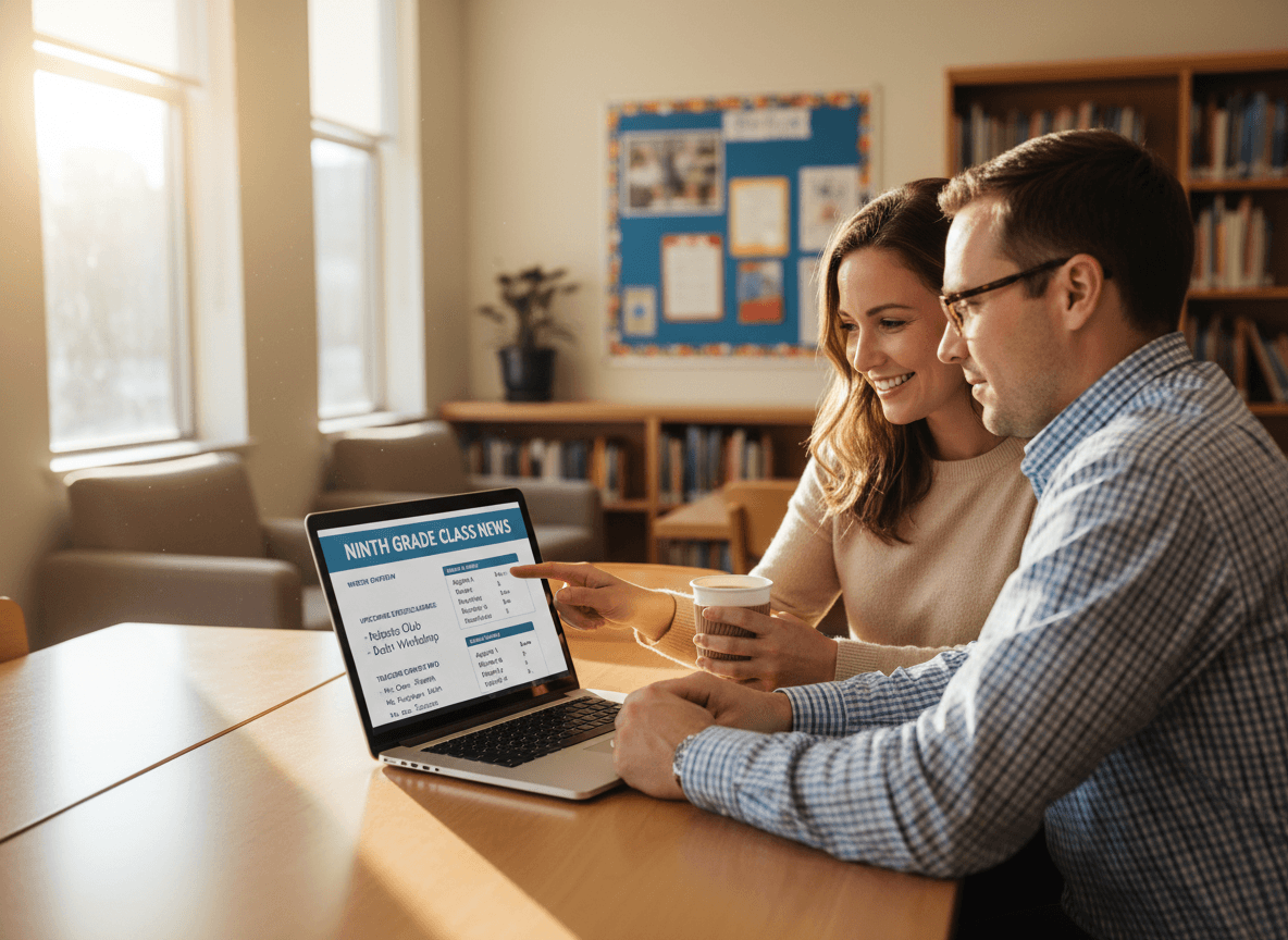 Parents of a ninth grader reading classroom newsletter on laptop with grade overview, extracurricular list, and teacher contact info