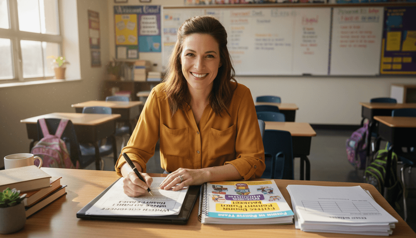 Ninth grade teacher at desk writing classroom newsletter with freshman orientation packet and grading rubric nearby