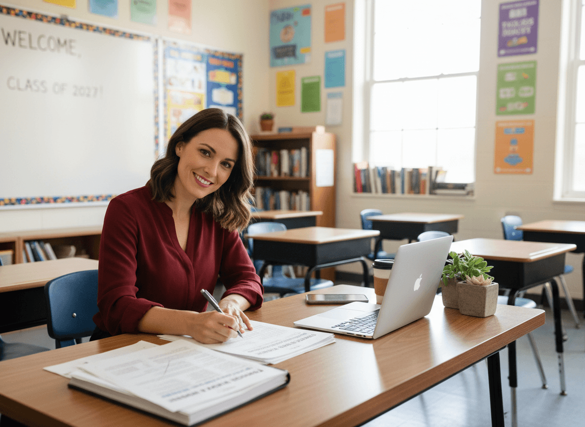 Teacher at a desk writing a classroom expectations newsletter for freshman parents