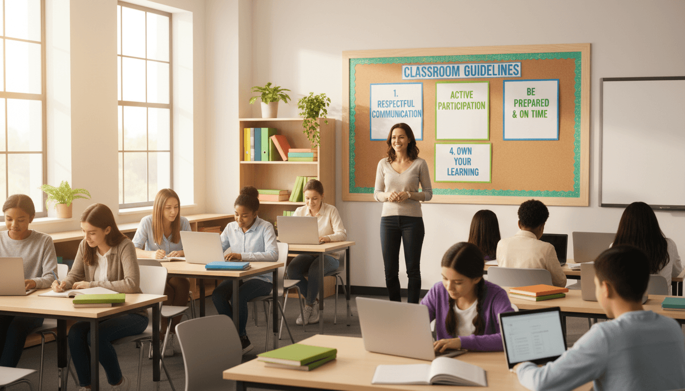 High school classroom with clear rules posted on the wall and engaged 9th grade students