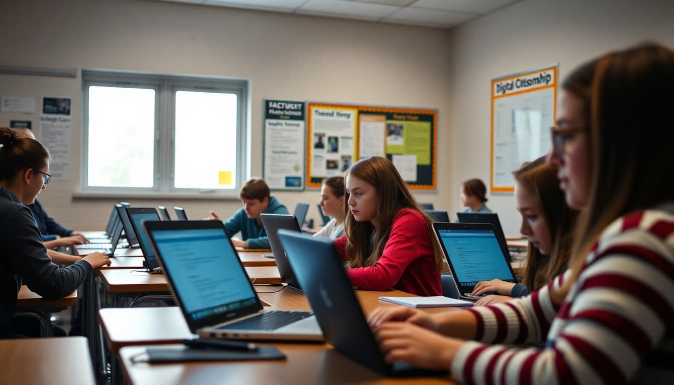 9th grade students using laptops in a high school classroom with a digital citizenship poster on the wall