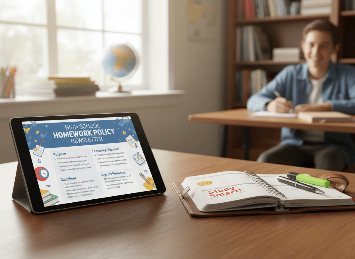 High school homework policy newsletter open on a tablet next to a student's planner