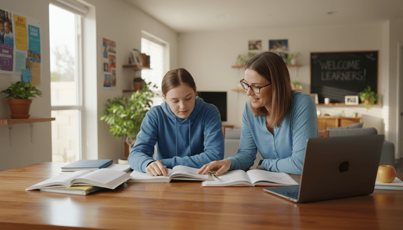 Ninth grade student doing homework at a kitchen table while a parent looks on supportively