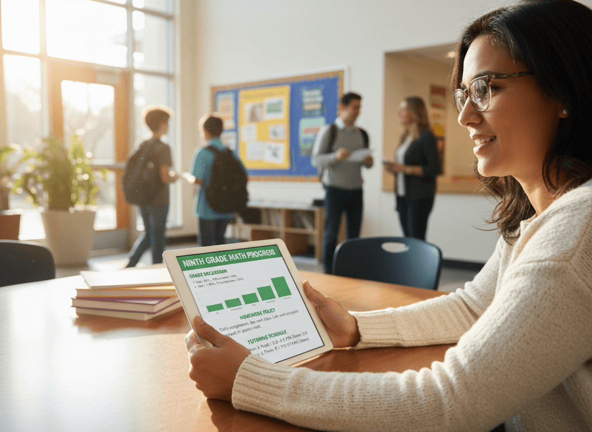 Parent reviewing ninth grade math progress newsletter on tablet with grade breakdown, homework policy, and tutoring schedule