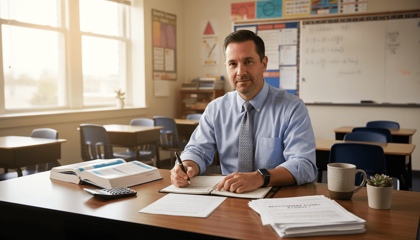 Ninth grade math teacher writing progress newsletter with algebra textbook, benchmark scores, and calculator on desk