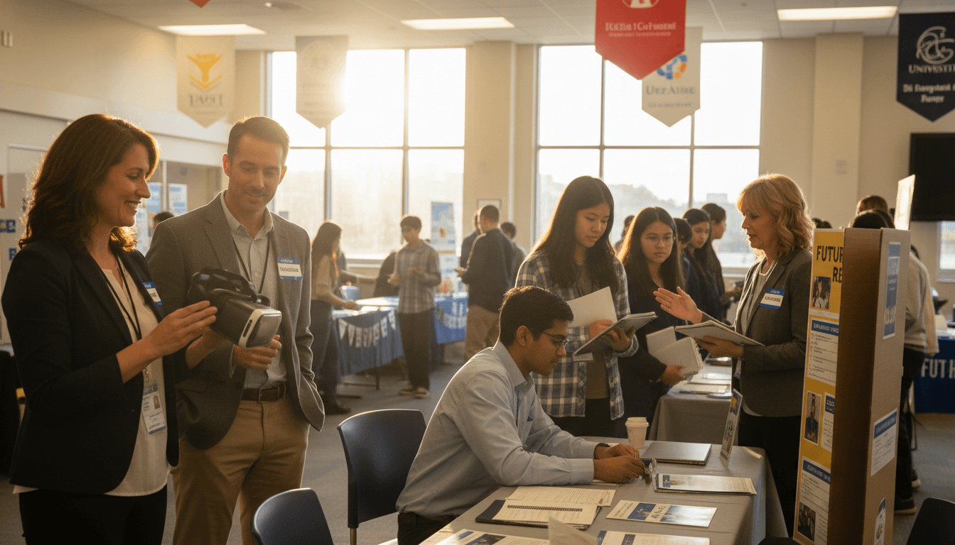 High school parent volunteers working with students at a career day event