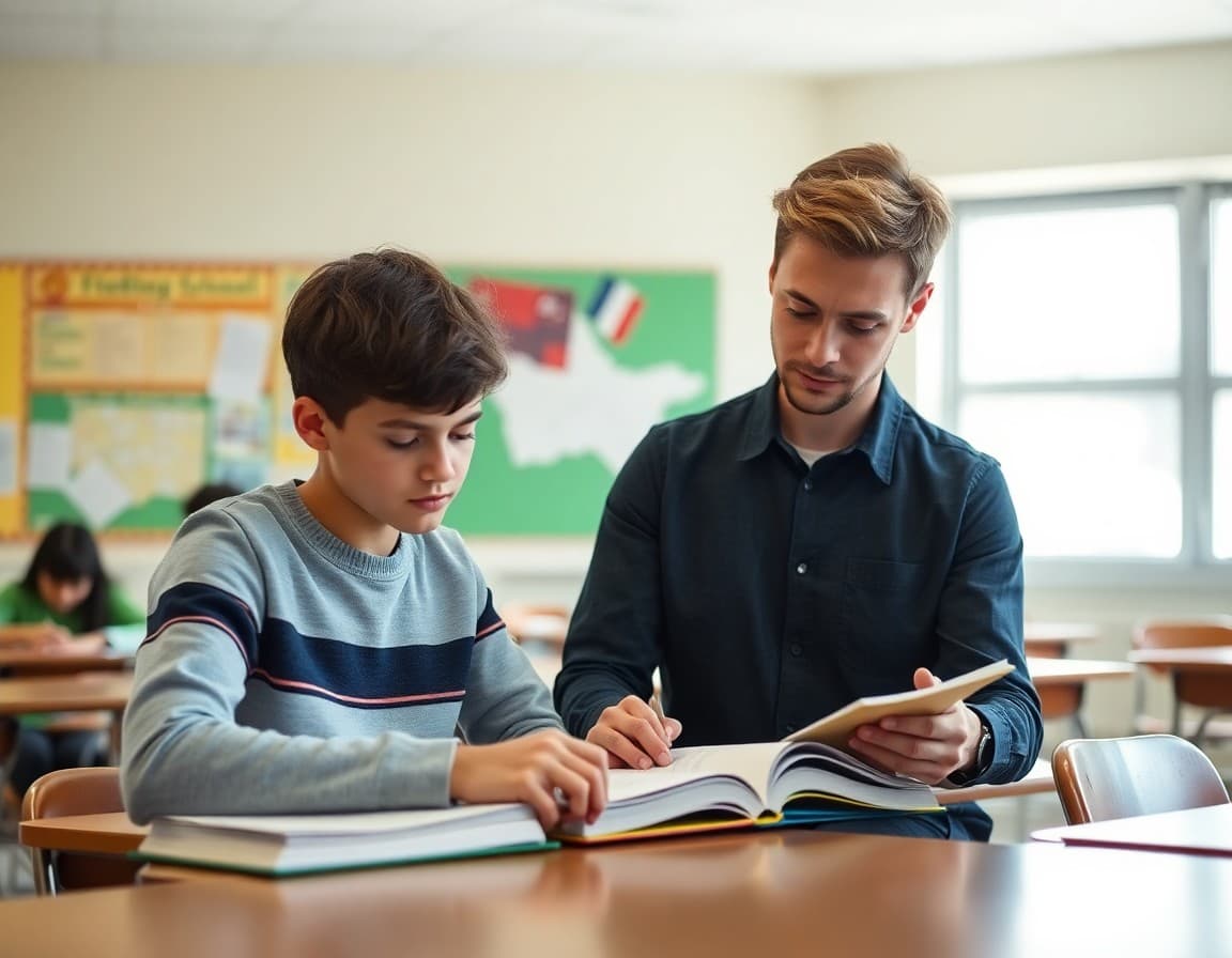 High school English teacher reviewing student reading logs at a classroom desk