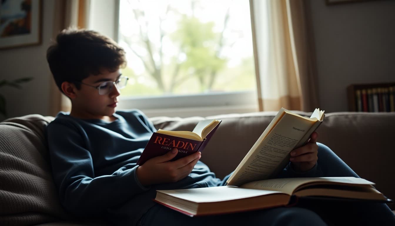 9th grade student reading a novel at home with a reading log journal open beside the book