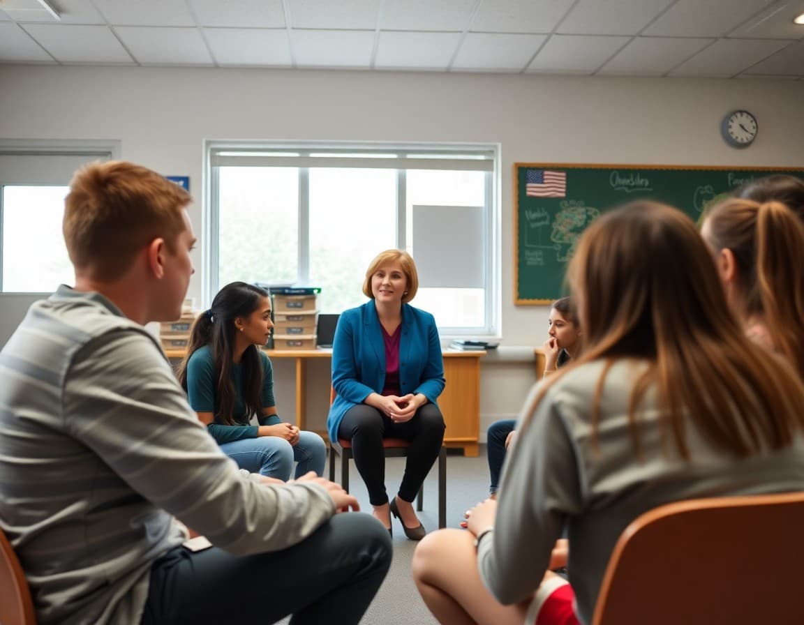 High school counselor leading a social skills group with 9th grade students in a circle