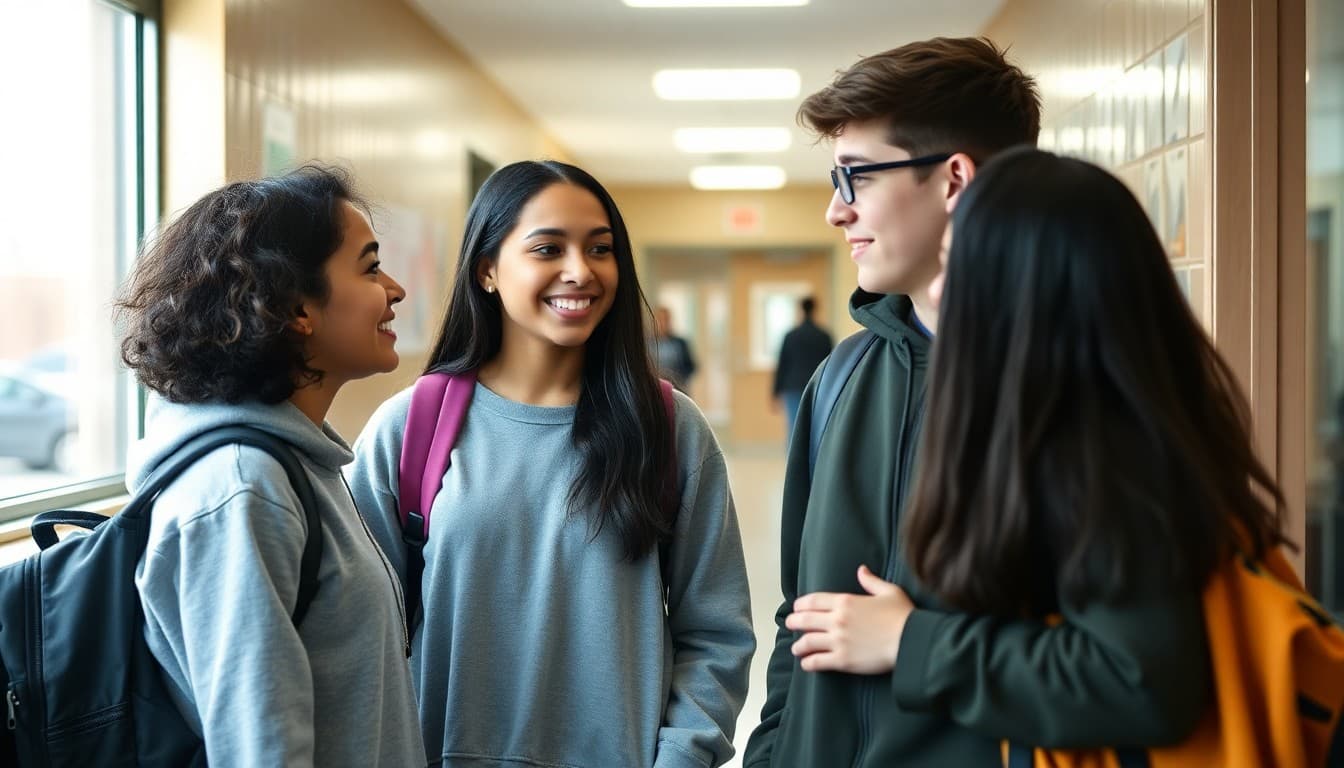 Two 9th grade students having a conversation in a school hallway, looking engaged and positive