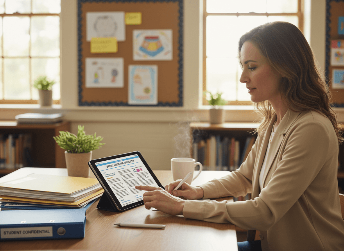 Parent reviewing a special education newsletter on a tablet with IEP documents nearby