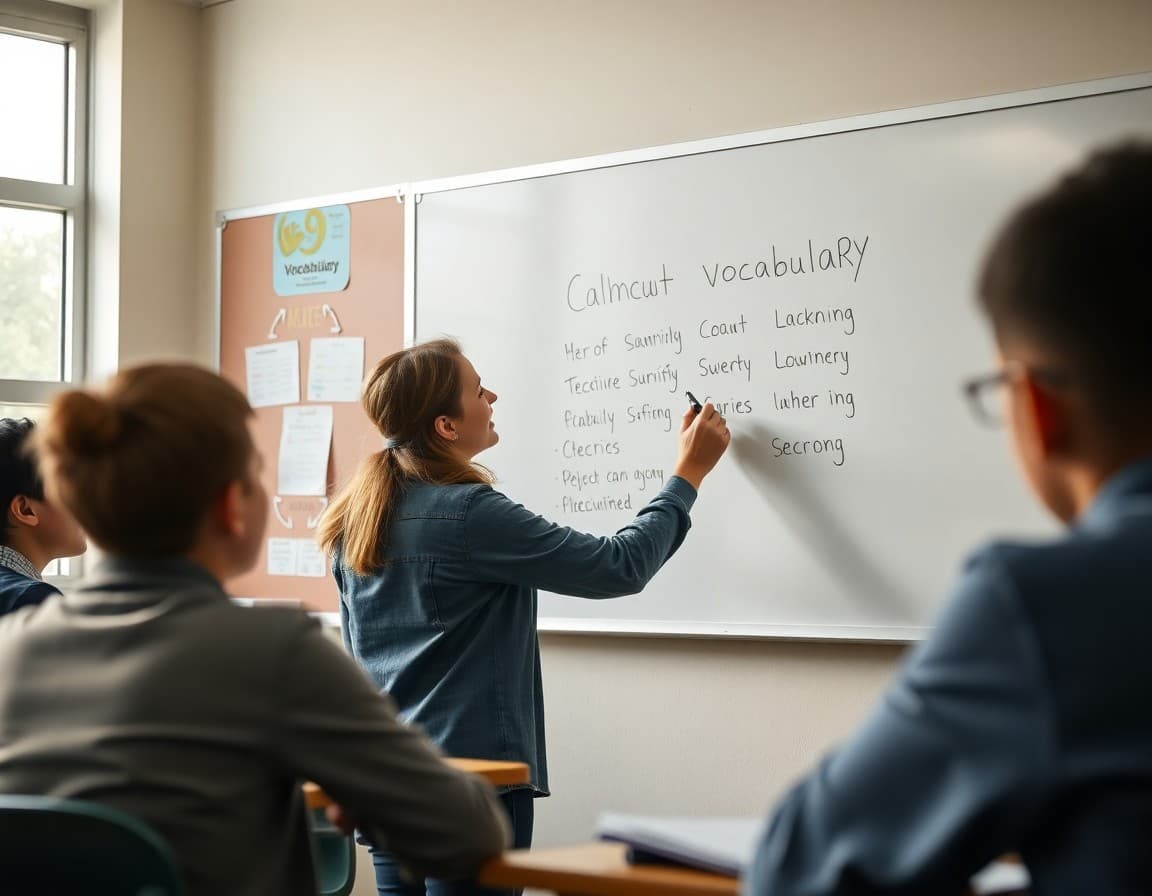 Teacher writing vocabulary words on a whiteboard in a 9th grade English classroom