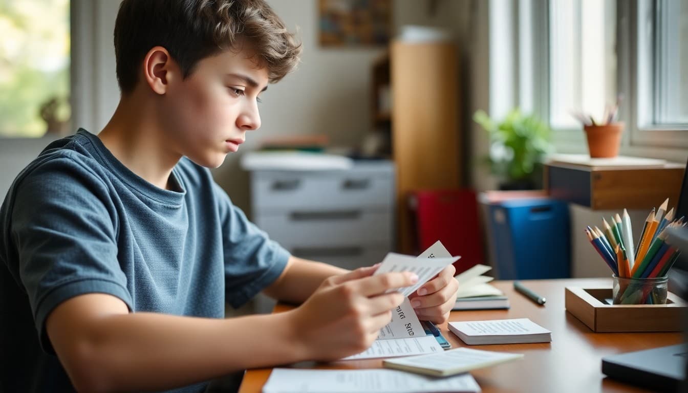 9th grade student studying vocabulary flashcards at a desk at home