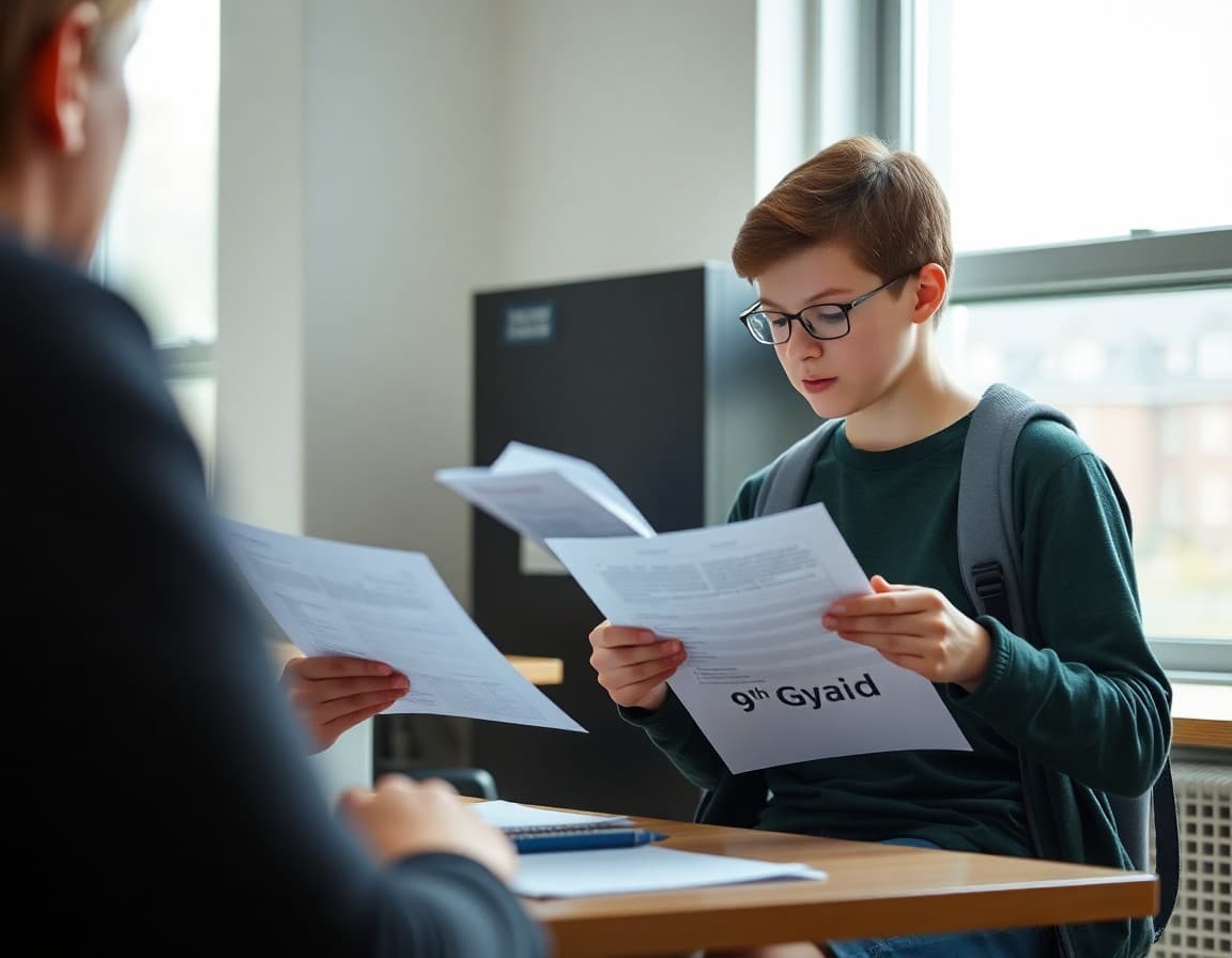High school counselor reviewing test preparation materials with a 9th grade student