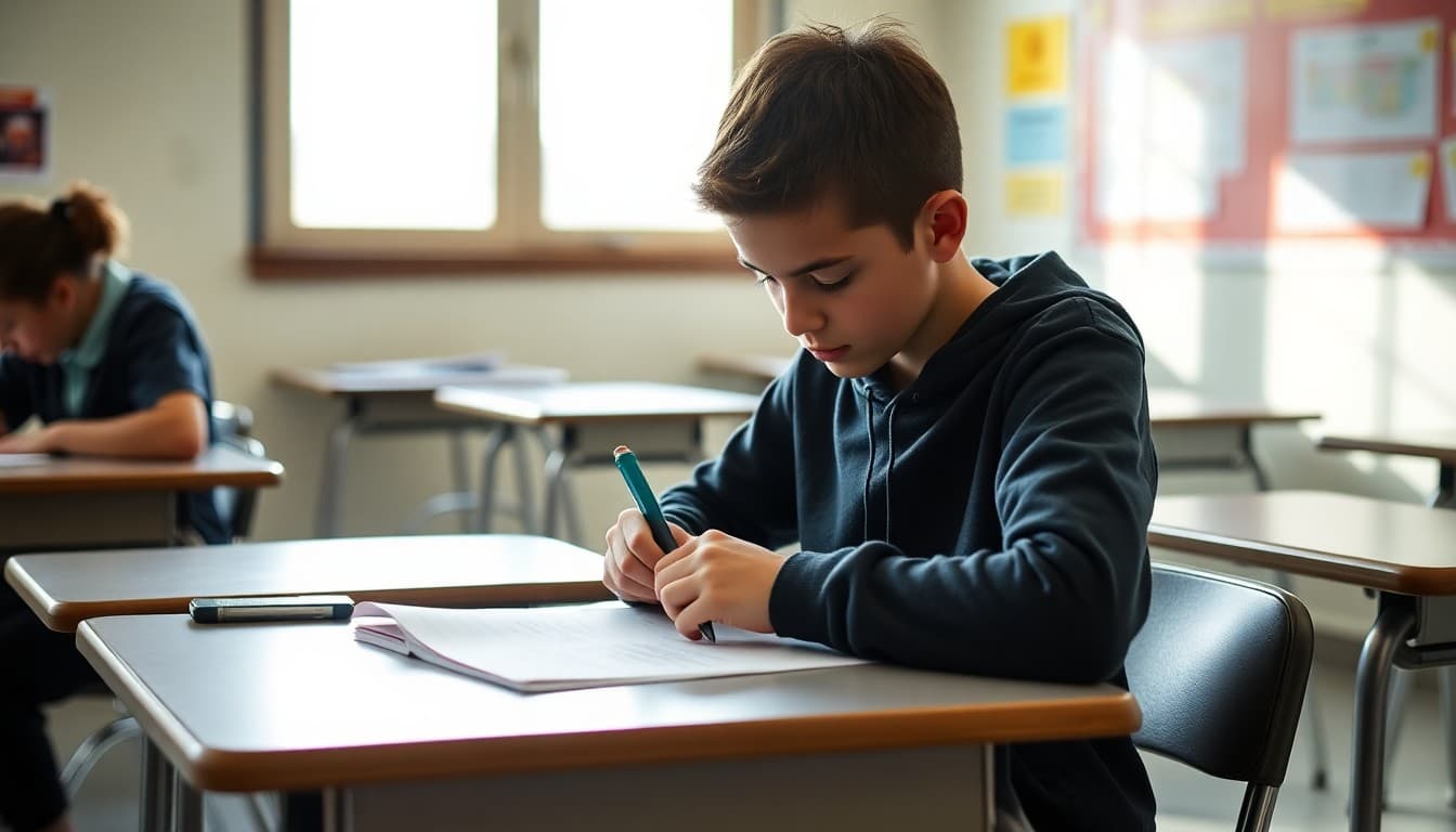 9th grade student filling in a standardized test answer sheet at a school desk