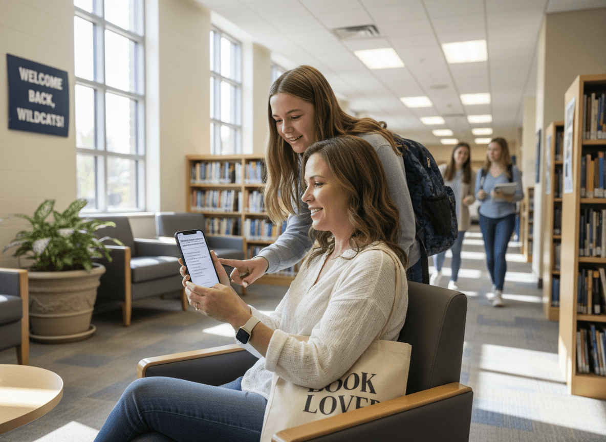 Parent reading a 9th grade supply list newsletter on a smartphone before school shopping