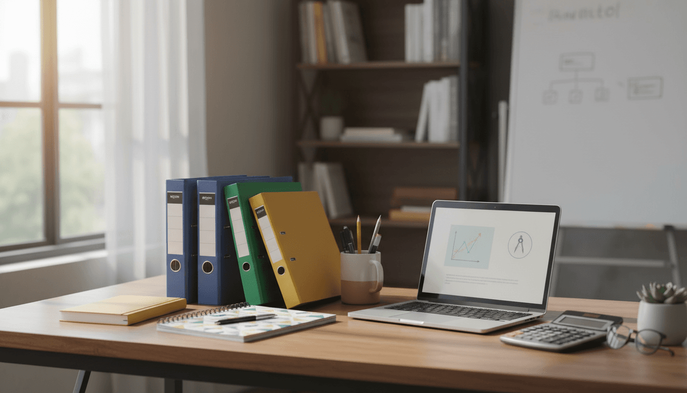 School supplies laid out on a desk including binders, notebooks, a calculator, and a laptop
