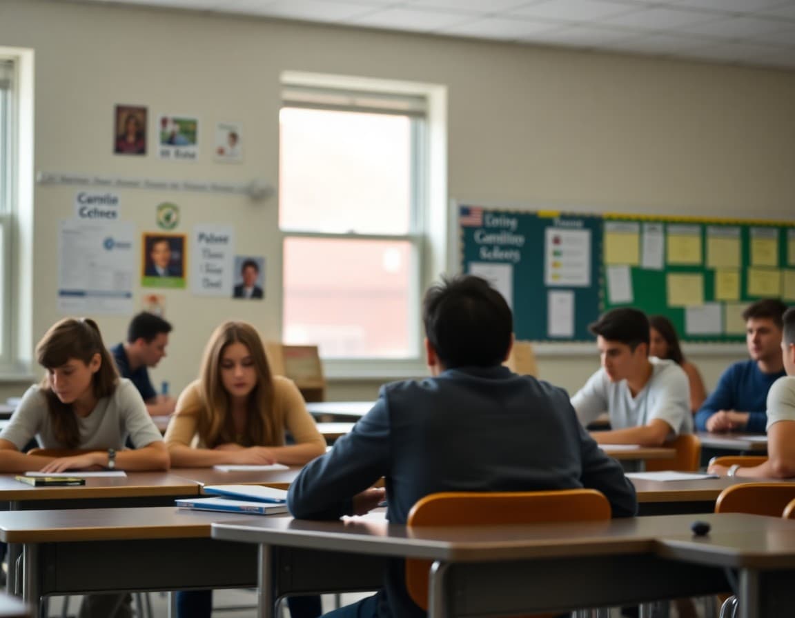 New Jersey high school classroom with students and college preparation materials on the wall