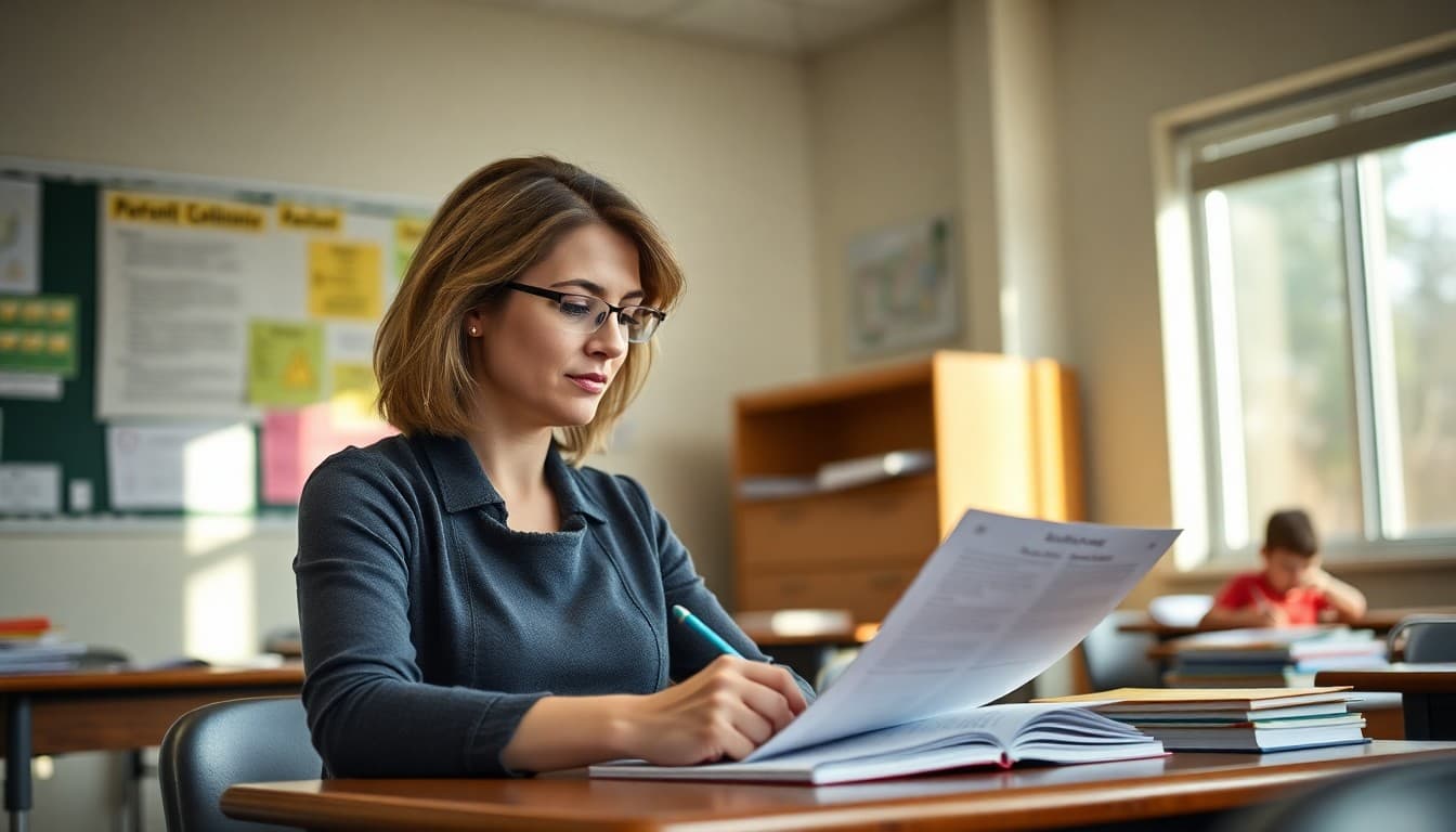 High school teacher in New Jersey drafting a parent newsletter at a classroom desk