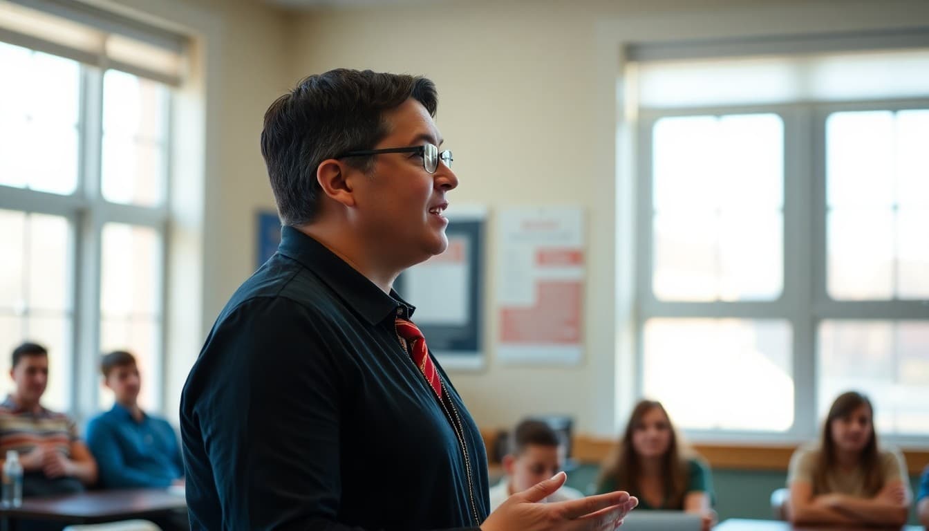 New Jersey high school teacher at a suburban school presenting to parents at an AP information event