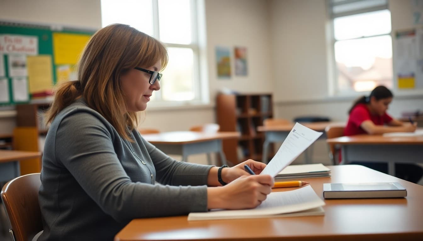 High school teacher in New Mexico drafting a parent newsletter at a classroom desk
