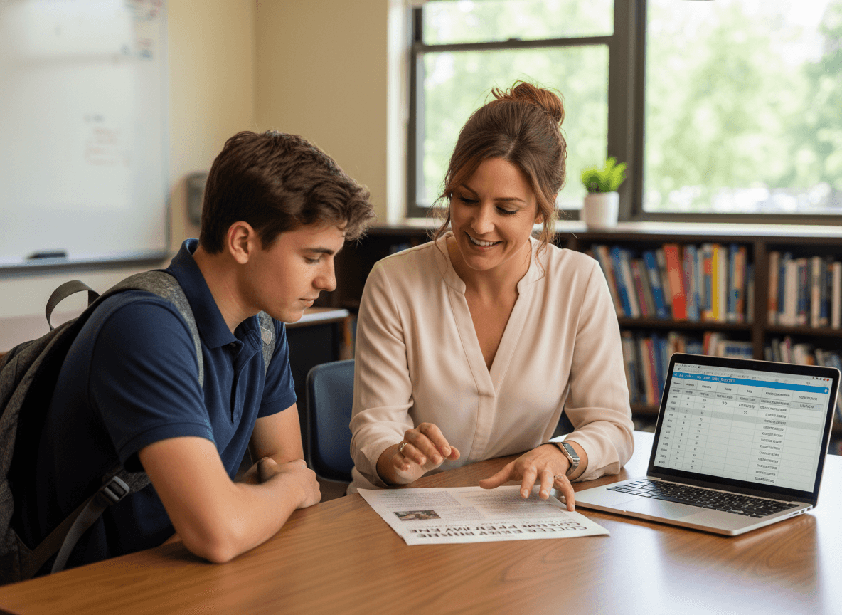 Junior year teacher reviewing college prep timeline newsletter with student roster