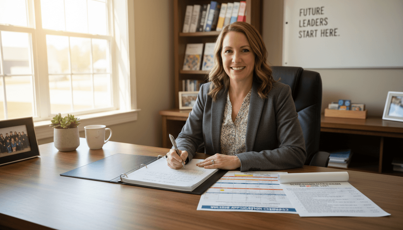 High school counselor writing November parent newsletter with college application calendar and scholarship deadline list on desk