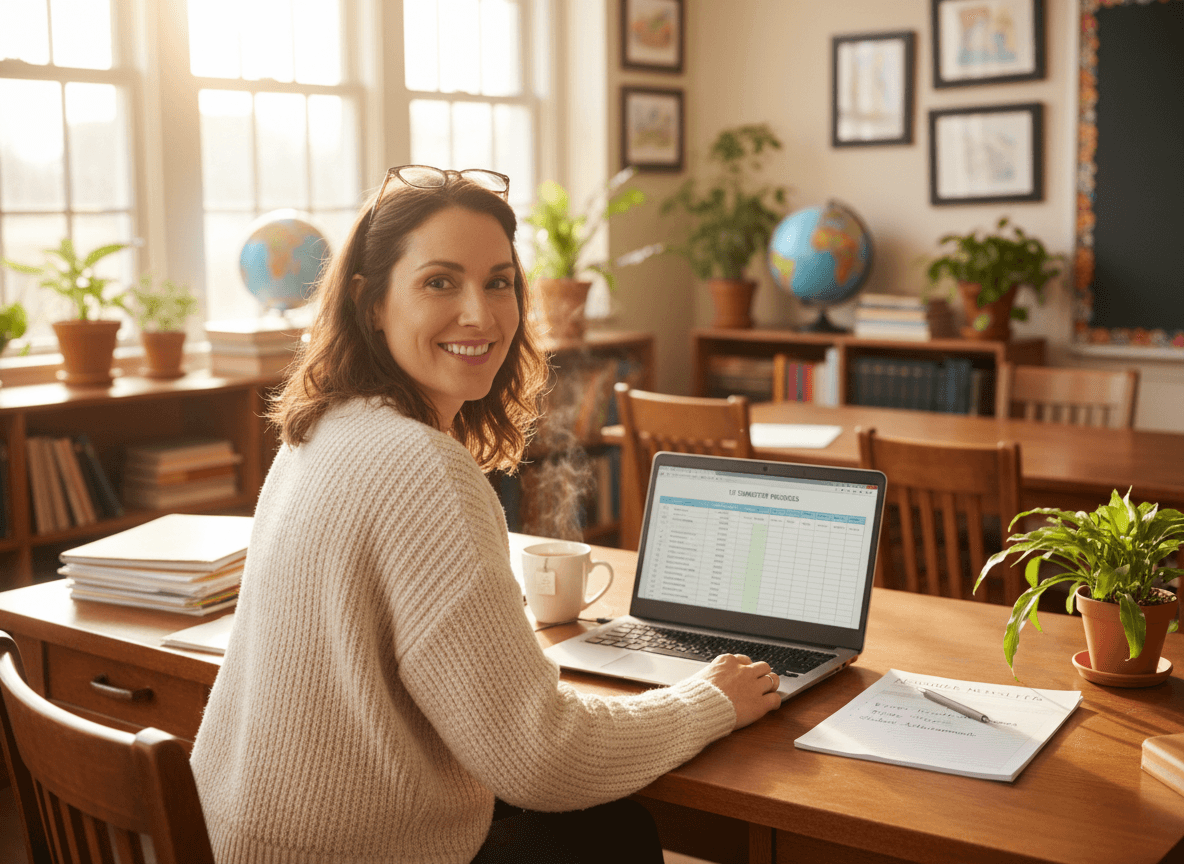 Ninth grade teacher reviewing first semester progress before writing November newsletter