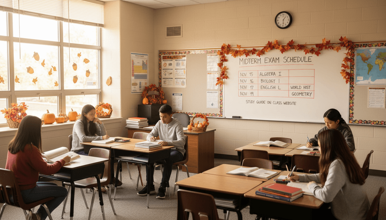 Ninth grade classroom November with fall decorations and midterm exam schedule on whiteboard