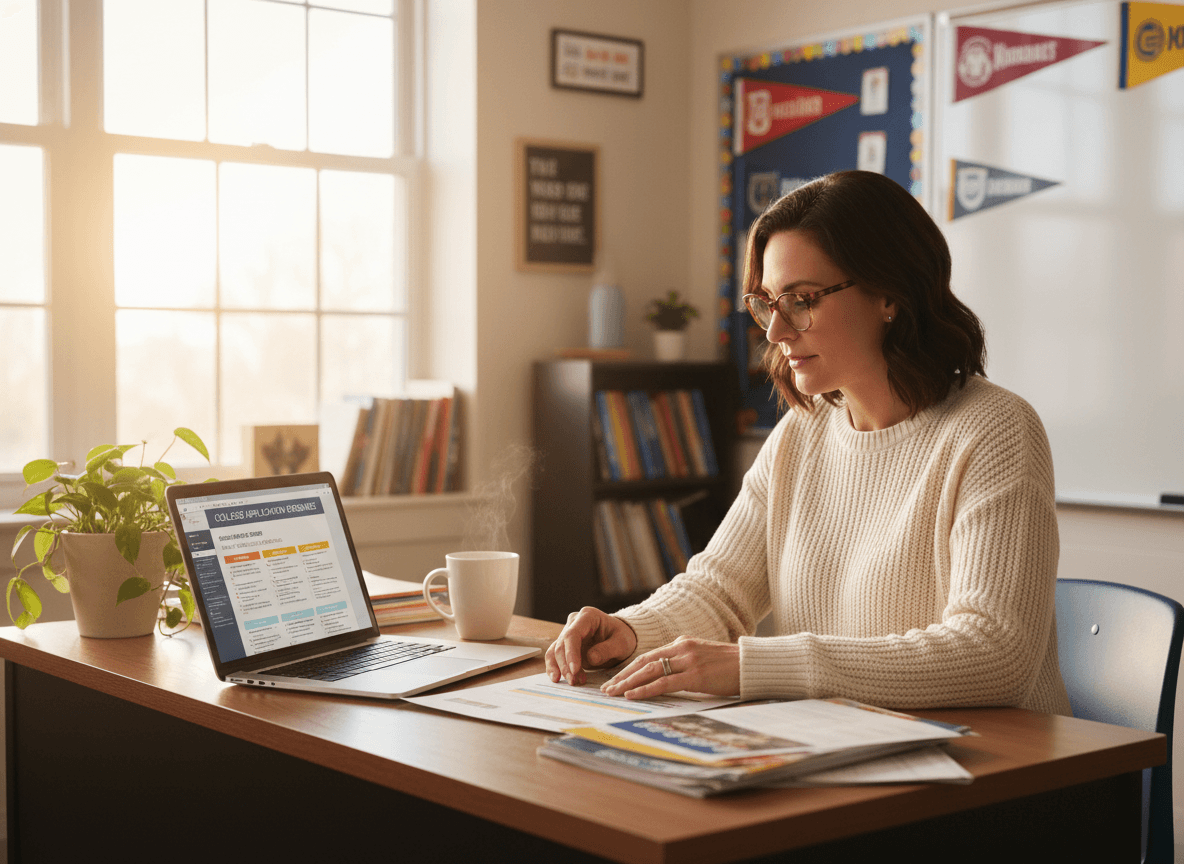 Senior year teacher reviewing college application deadline newsletter draft on laptop