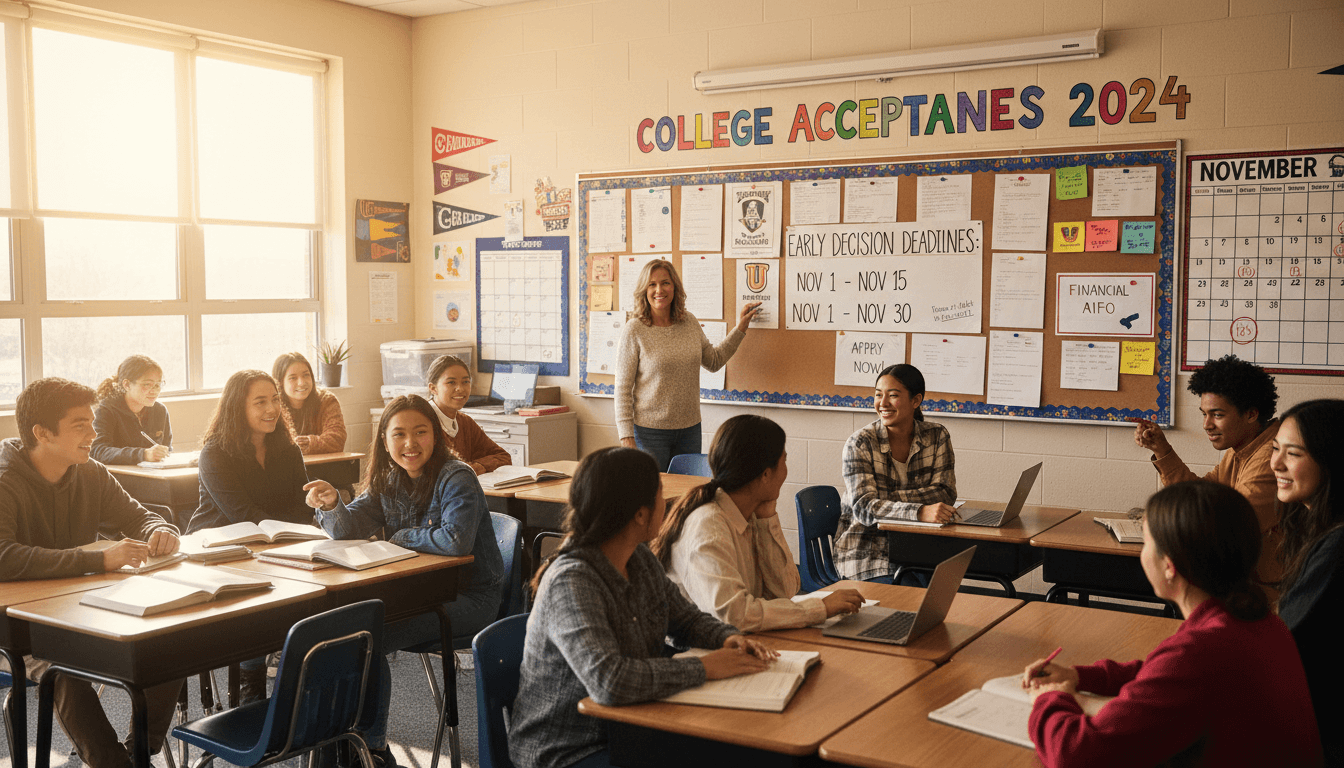 Twelfth grade classroom November with college acceptance board and early decision deadline reminders