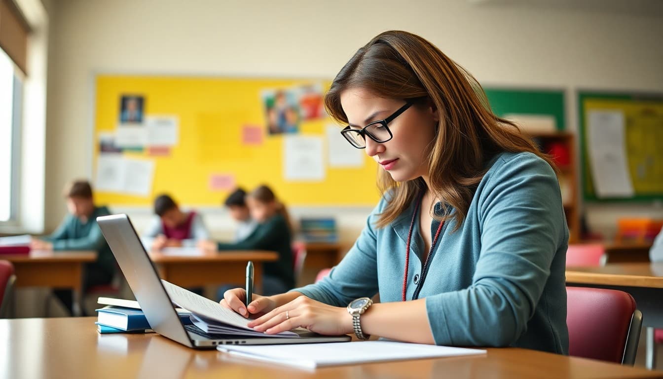 High school teacher in Nevada drafting parent newsletter at classroom desk