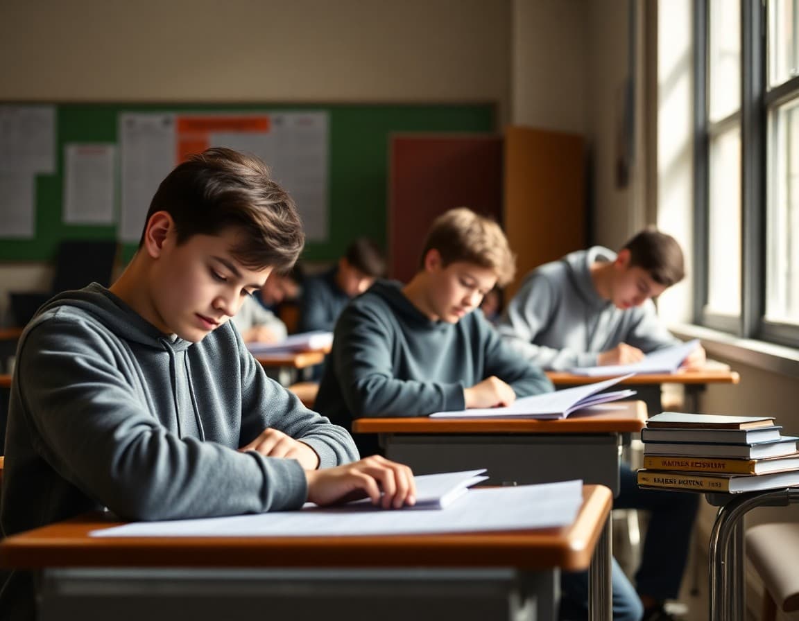 New York high school students studying with Regents exam preparation materials on their desks