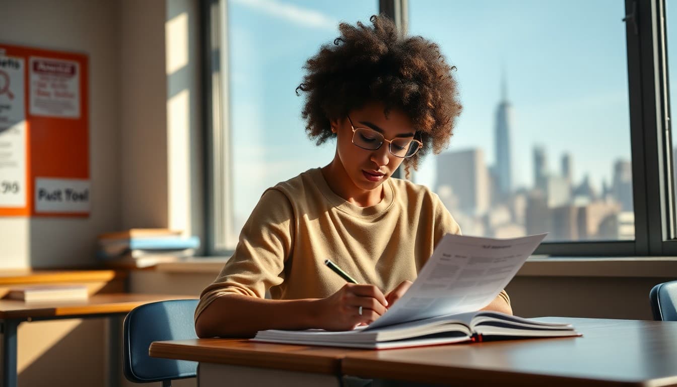 High school teacher in New York drafting a parent newsletter at a classroom desk with Manhattan visible through the window
