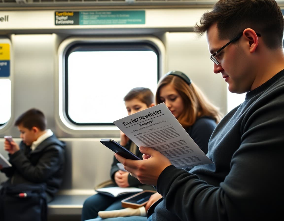 New York parent reading a teacher newsletter on a phone on the subway