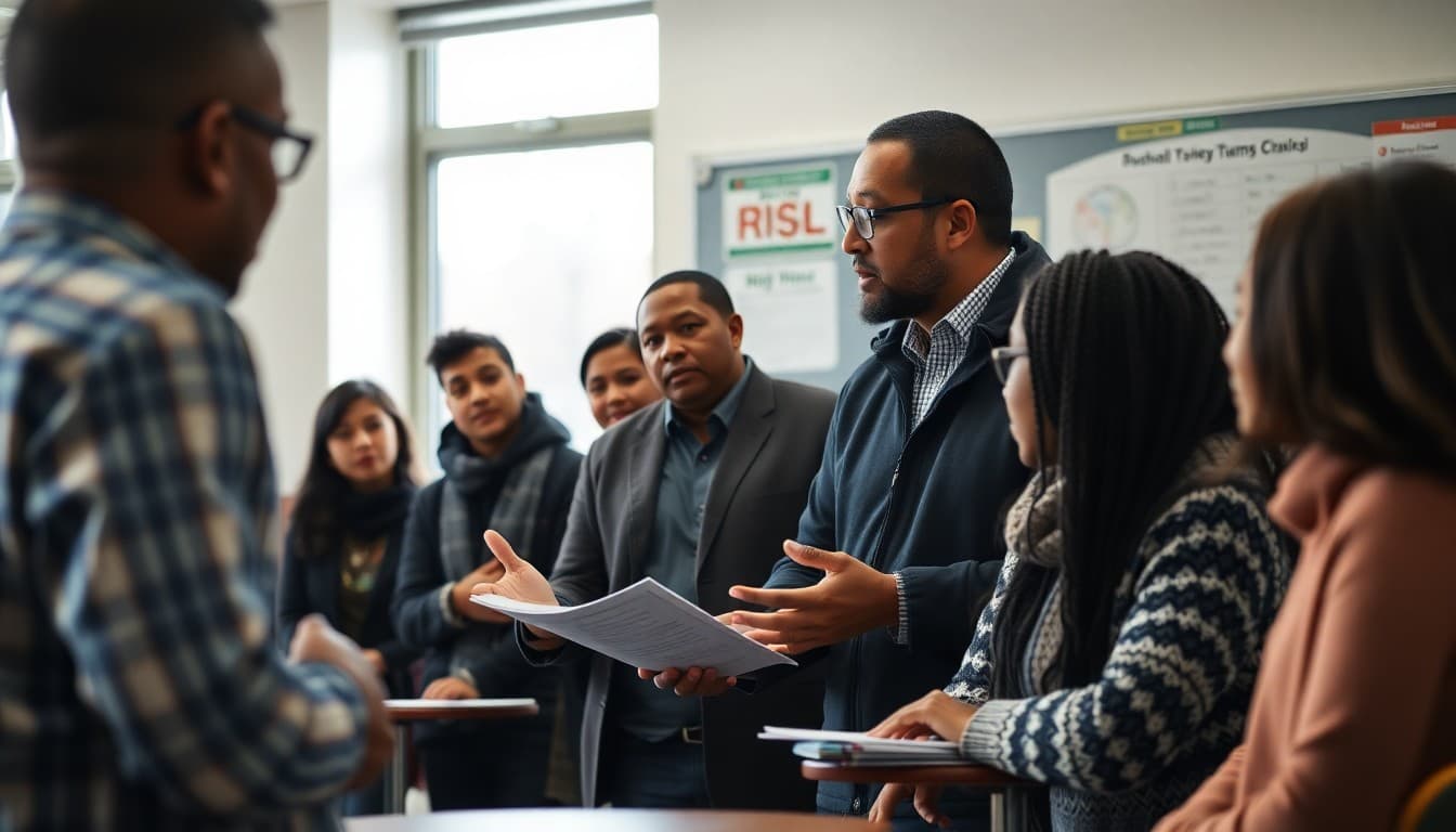 New York high school teacher at an NYC school explaining Regents exam requirements to a multicultural group of parents