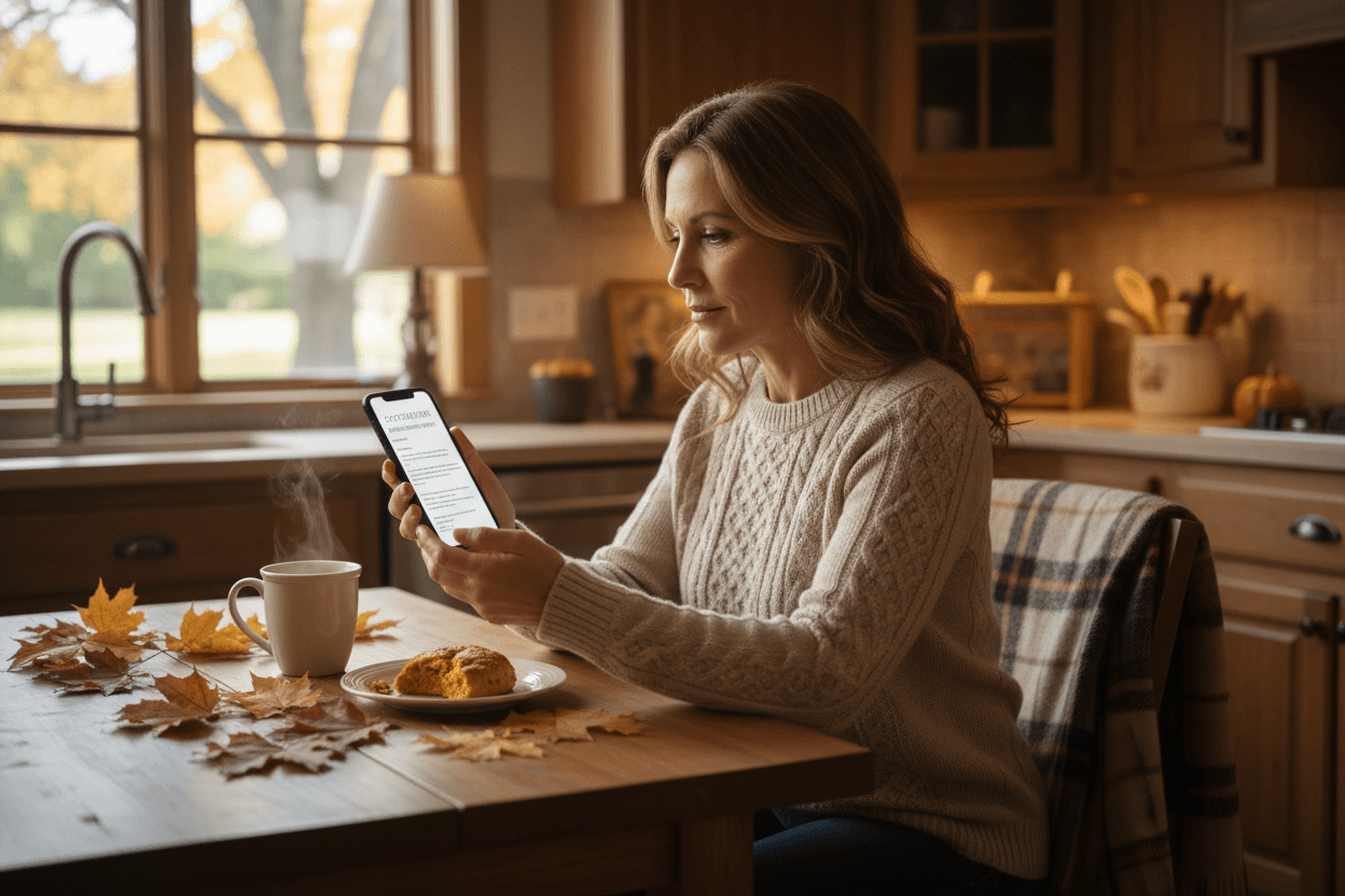 Parent reading October school newsletter on phone at home