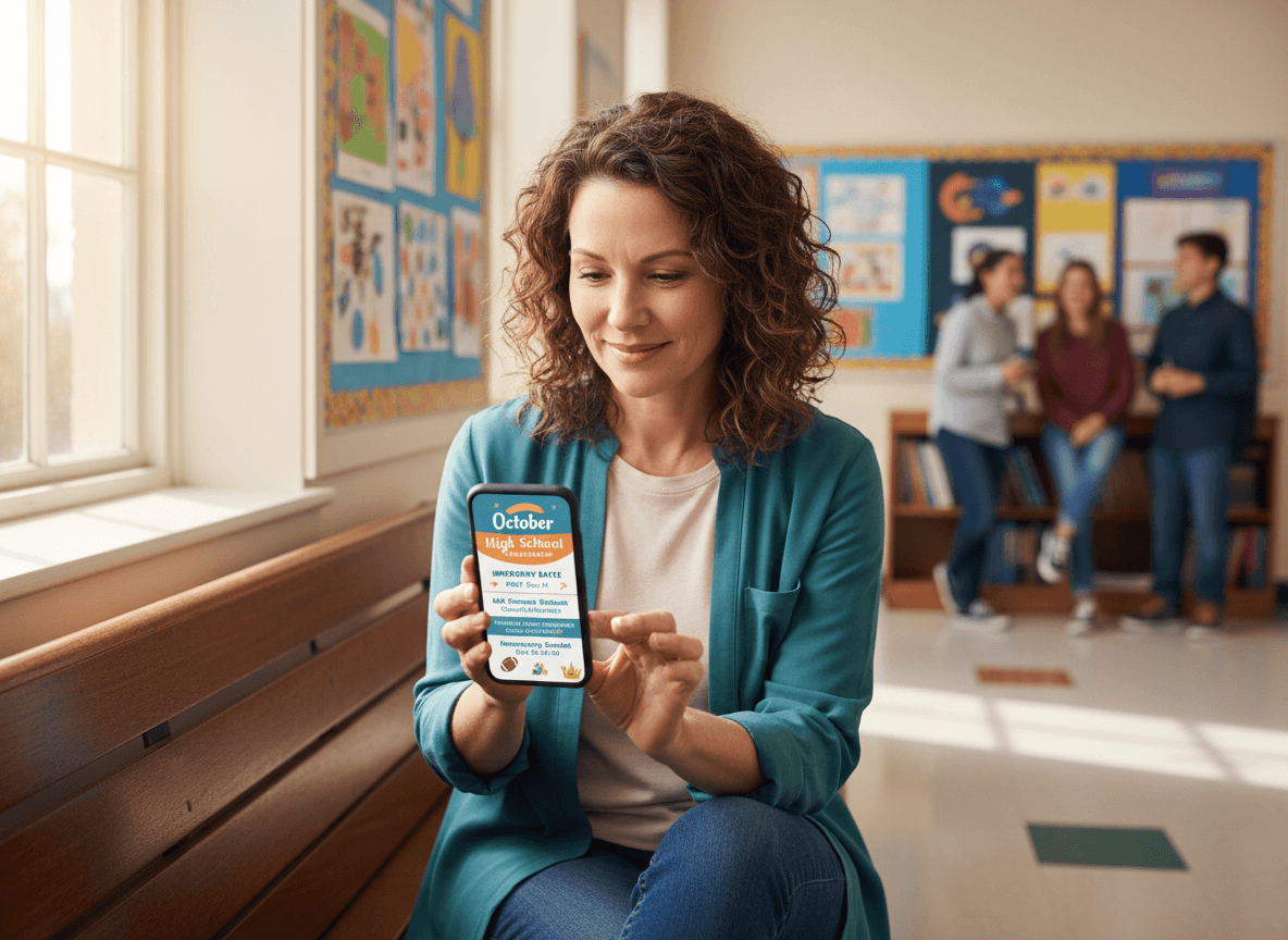 Parent reviewing October high school newsletter on phone showing PSAT date, mid-semester grades reminder, and homecoming schedule