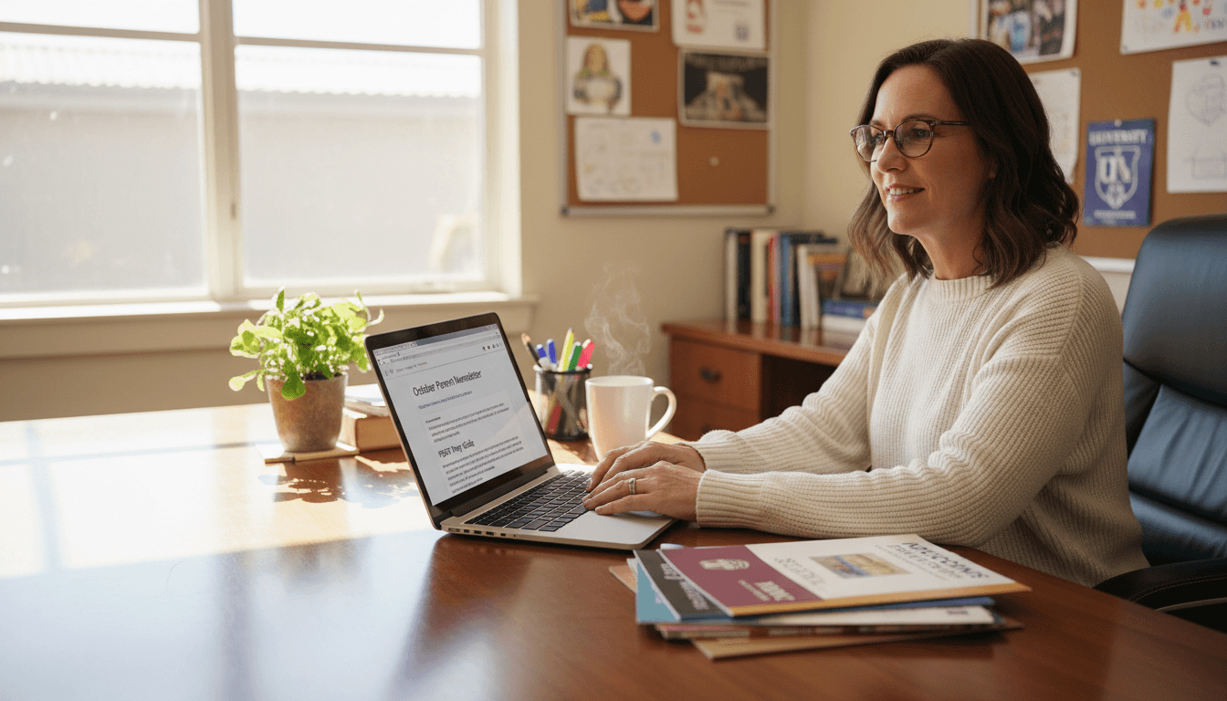 High school counselor writing October parent newsletter with PSAT prep guide, college brochures, and homecoming flyer on desk