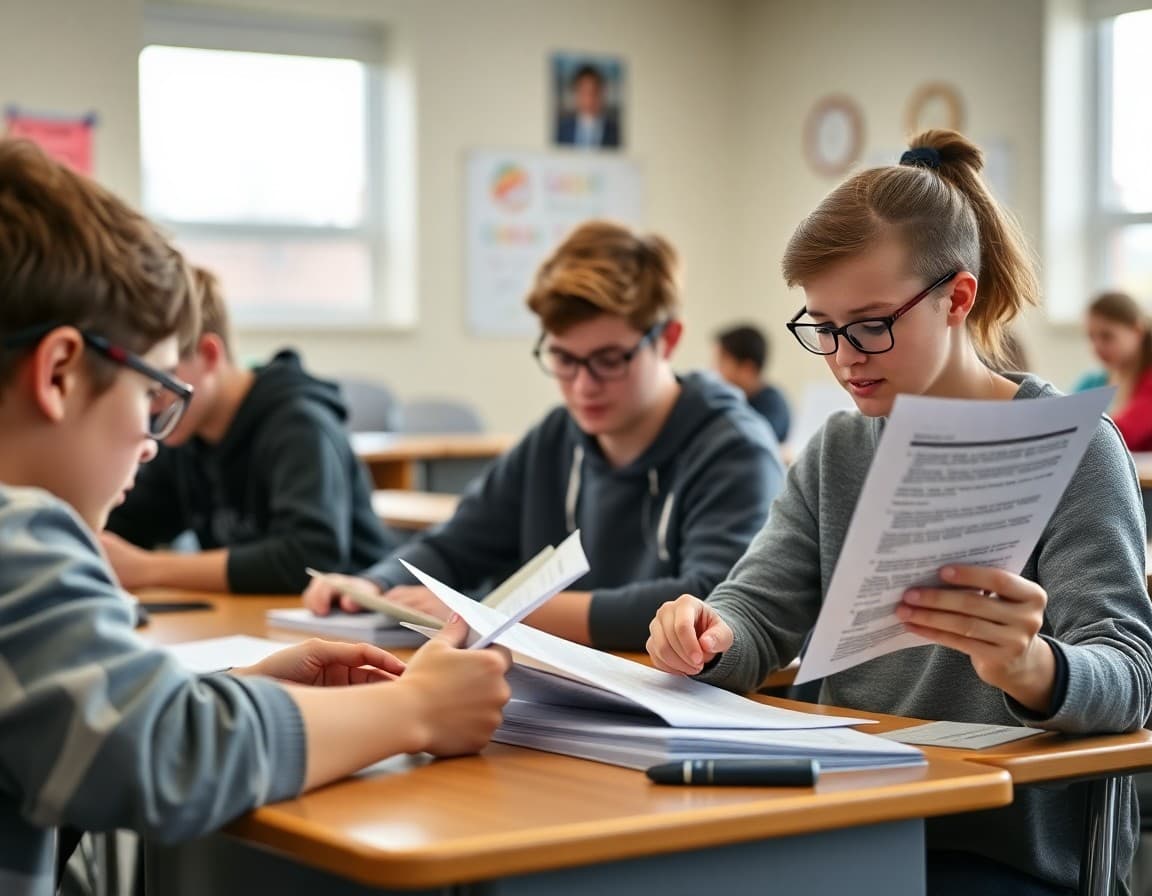 Ohio high school students reviewing college application and financial aid materials at their desks