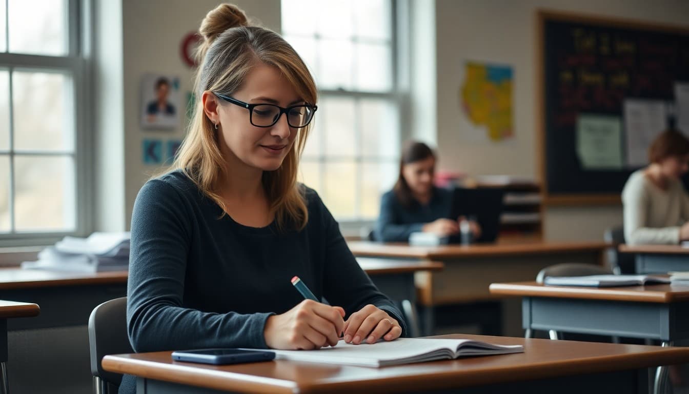 High school teacher in Ohio drafting a parent newsletter at a classroom desk