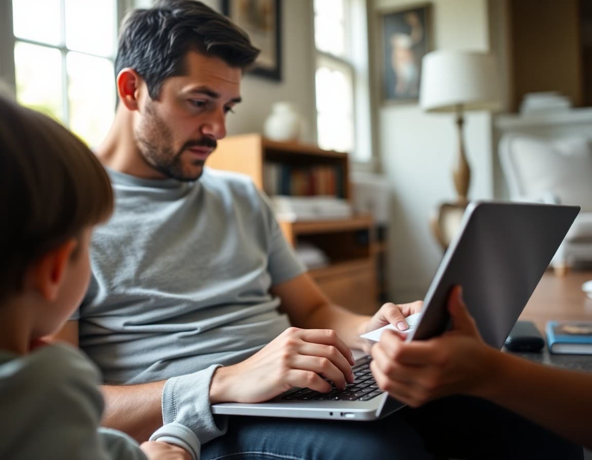 Ohio parent reading a teacher newsletter on a laptop in a suburban home