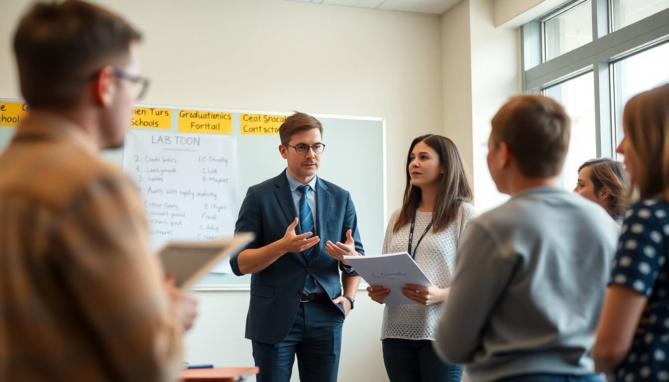 Ohio high school teacher at a Columbus area school explaining graduation options to parents