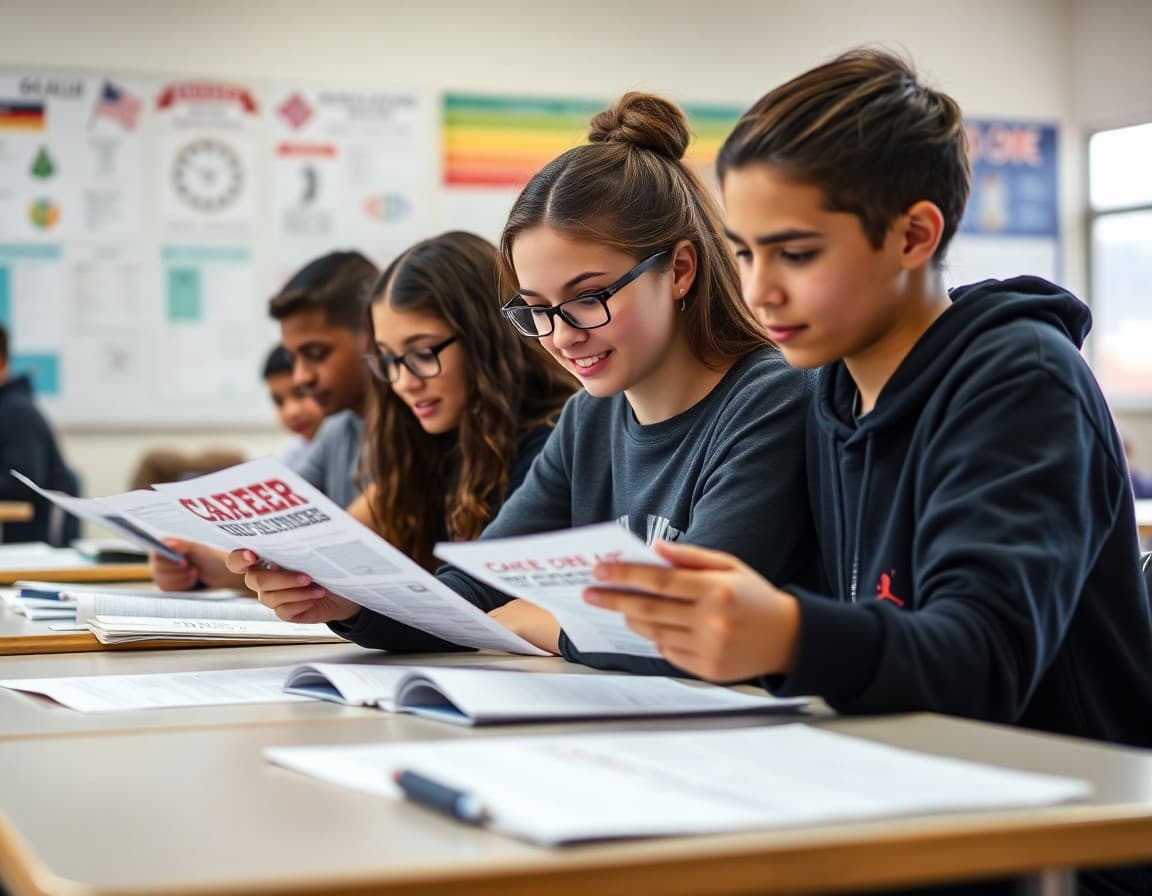 Oklahoma high school students reviewing college and career planning materials at their desks