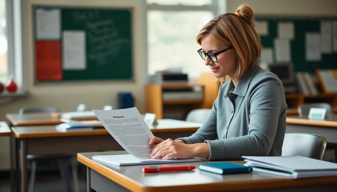 High school teacher in Oregon drafting a parent newsletter at a classroom desk