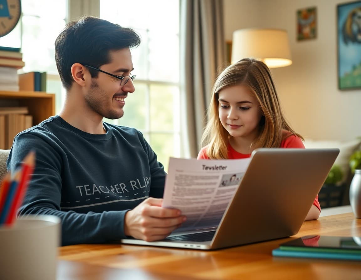 Oregon parent reading a teacher newsletter on a laptop in a Pacific Northwest home