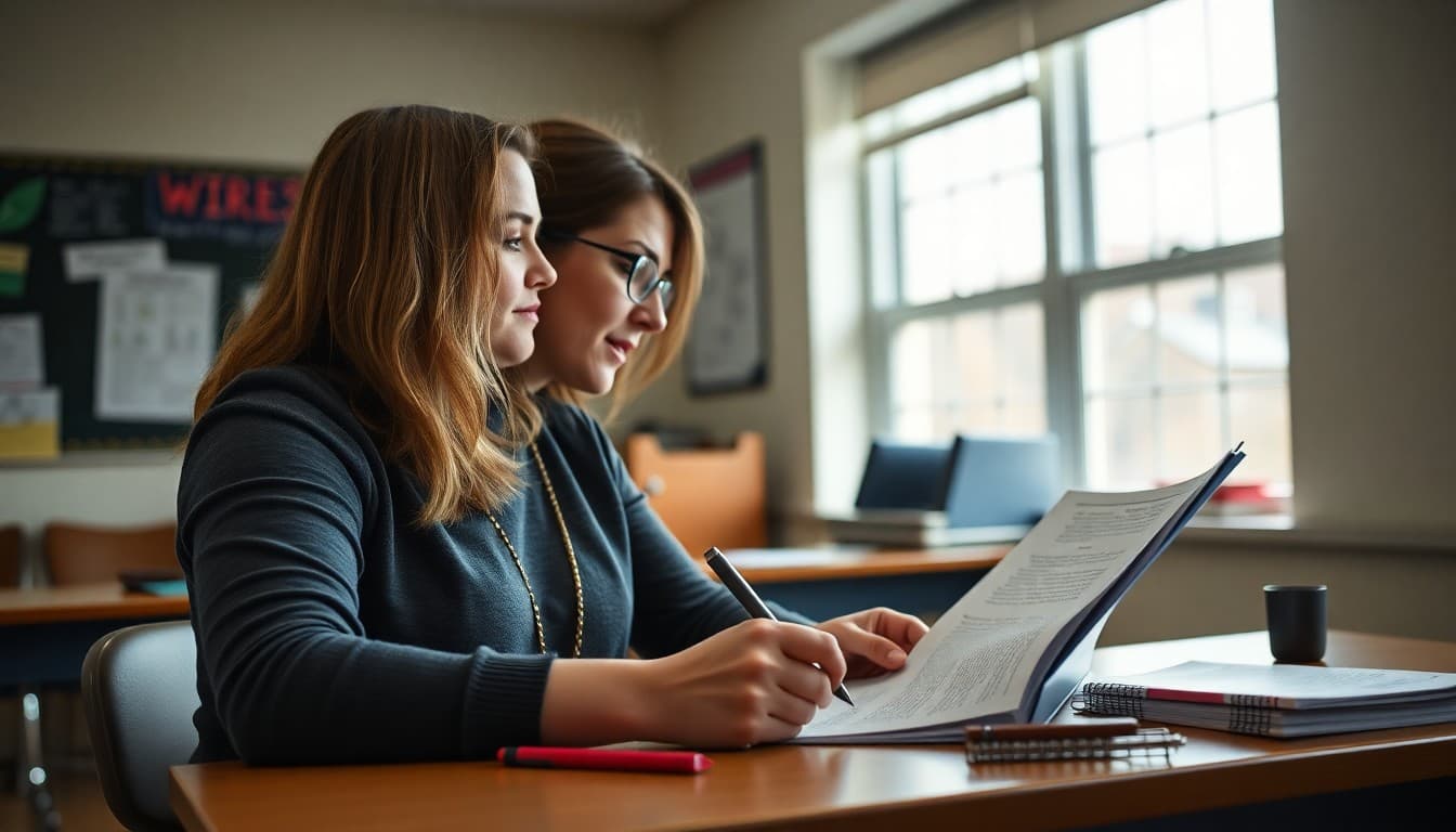 High school teacher in Pennsylvania drafting a parent newsletter at a classroom desk