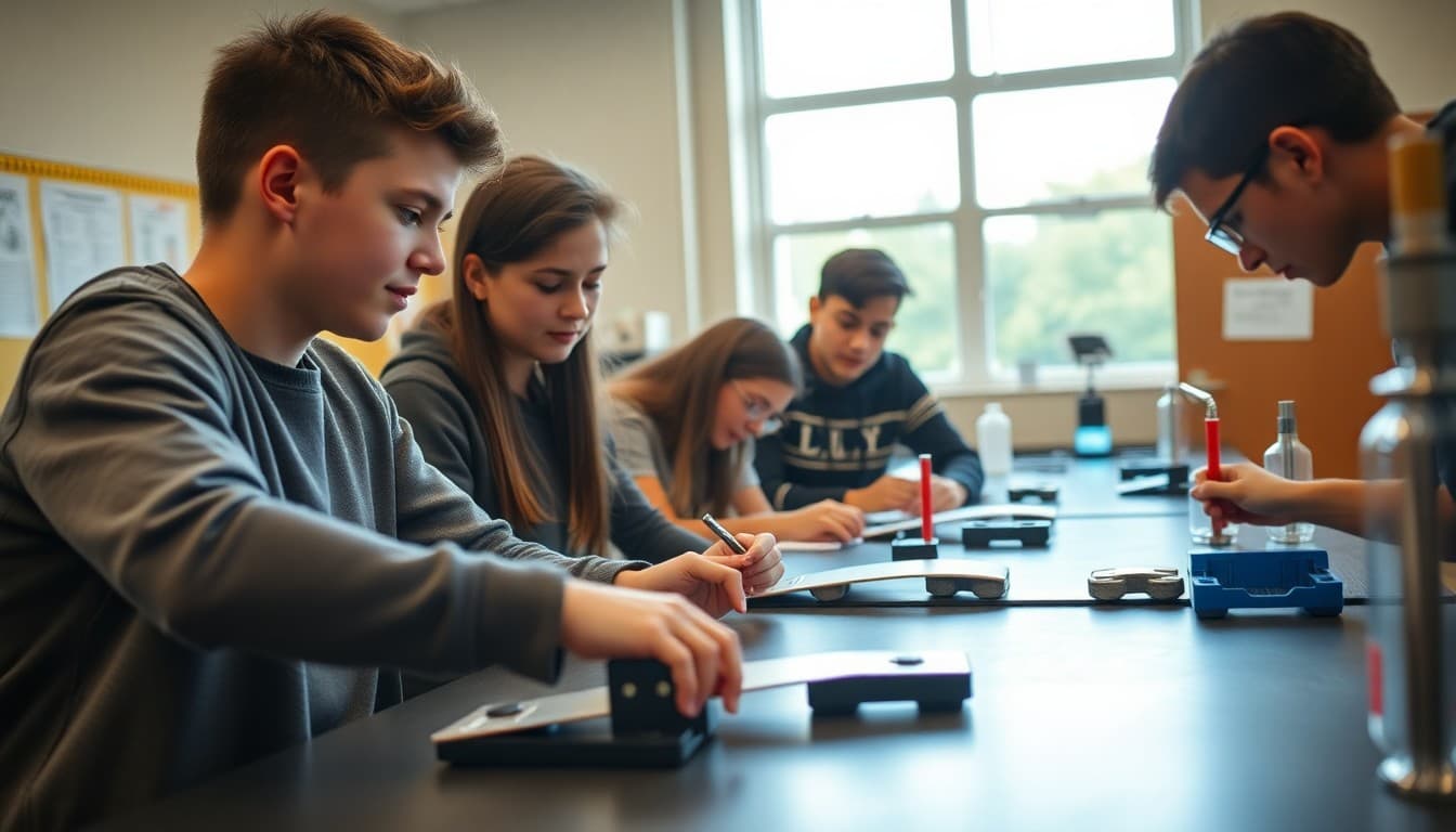 High school students conducting a physics experiment with motion sensors and ramps in a science lab