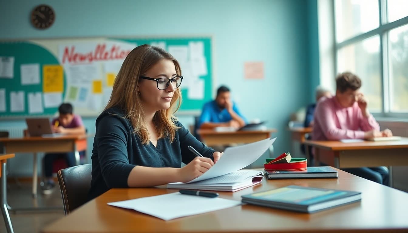 High school teacher in South Carolina drafting a parent newsletter at a classroom desk