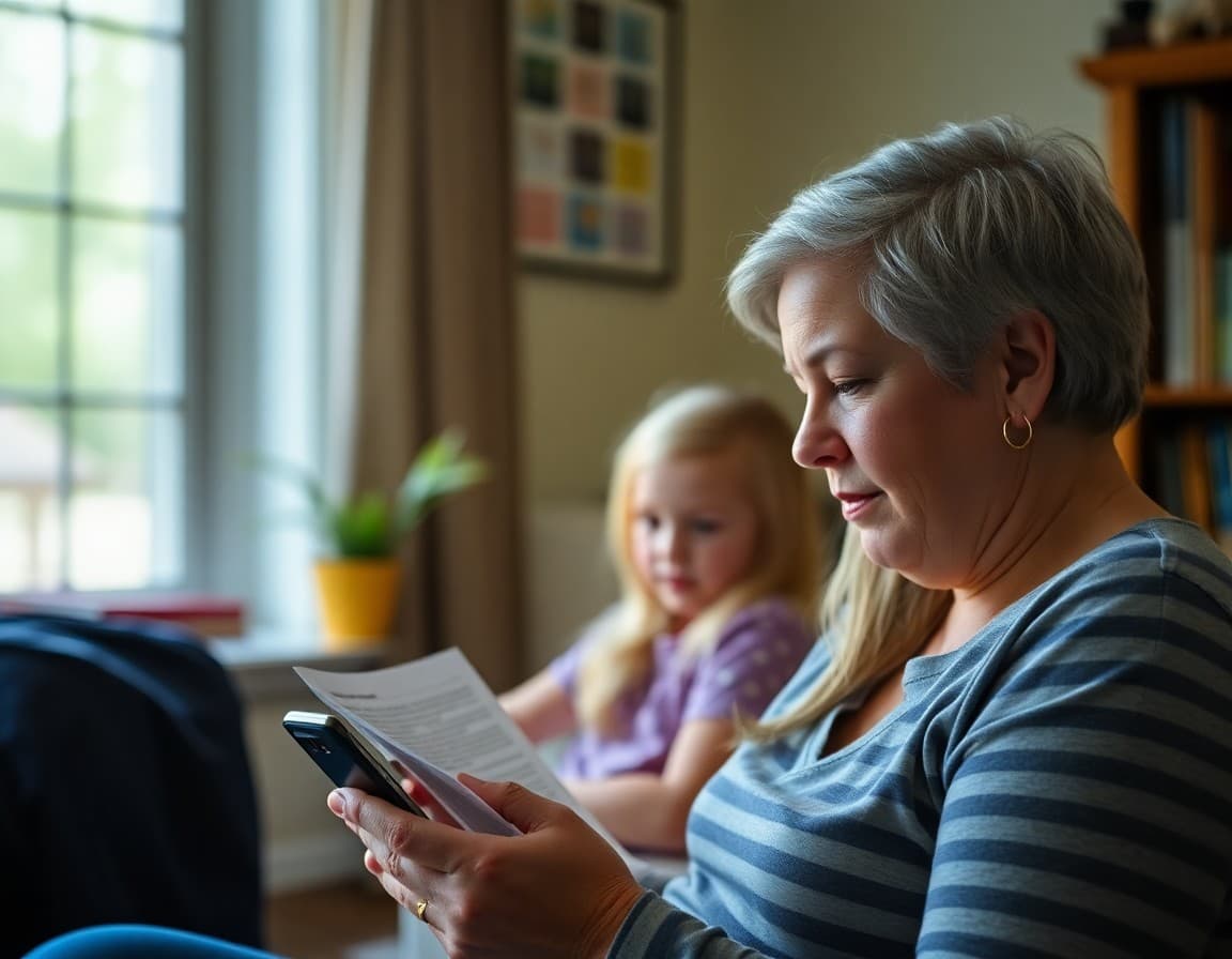 South Carolina parent reading a teacher newsletter on a phone at home